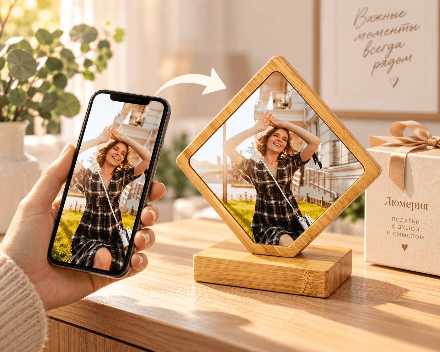 Бамбуковая фоторамка с фото на заказ — перенос фотографии со смартфона