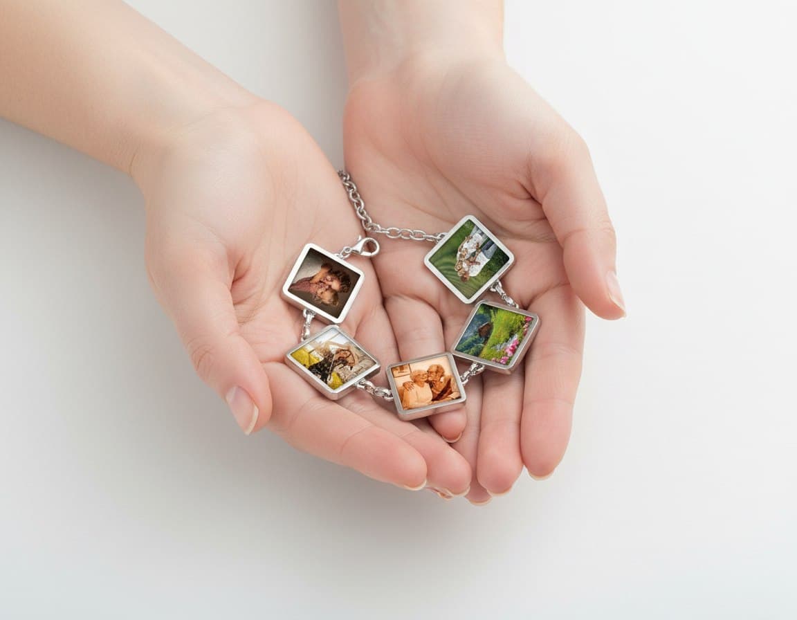 Браслет с фотографиями в руках на светлом фоне, вид крупным планом.